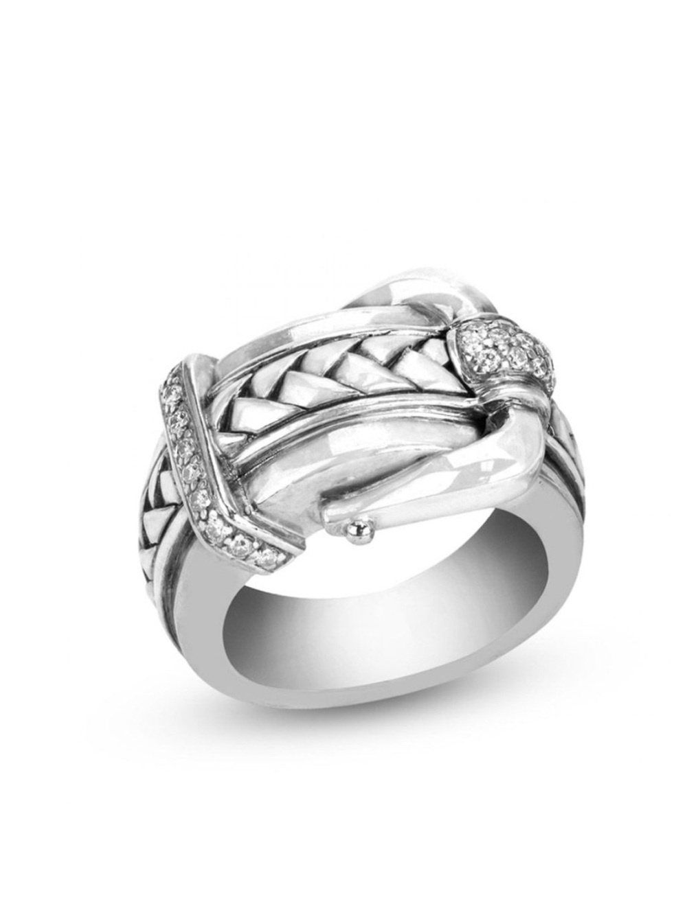 Scott Kay Sterling silver Diamond basket weave buckle ring